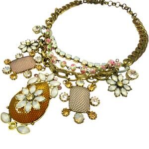 Vintage BETSEY JOHNSON Statement Bib Collar Pink Amber Floral Crystal Necklace